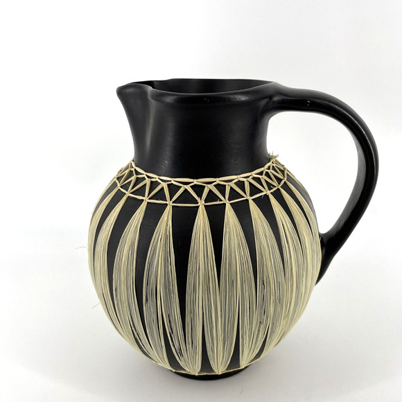 Vintage GMUNDNER KERAMIK Black Stoneware Pitcher Wrapped in Raffia Tribal - Picture 1 of 16